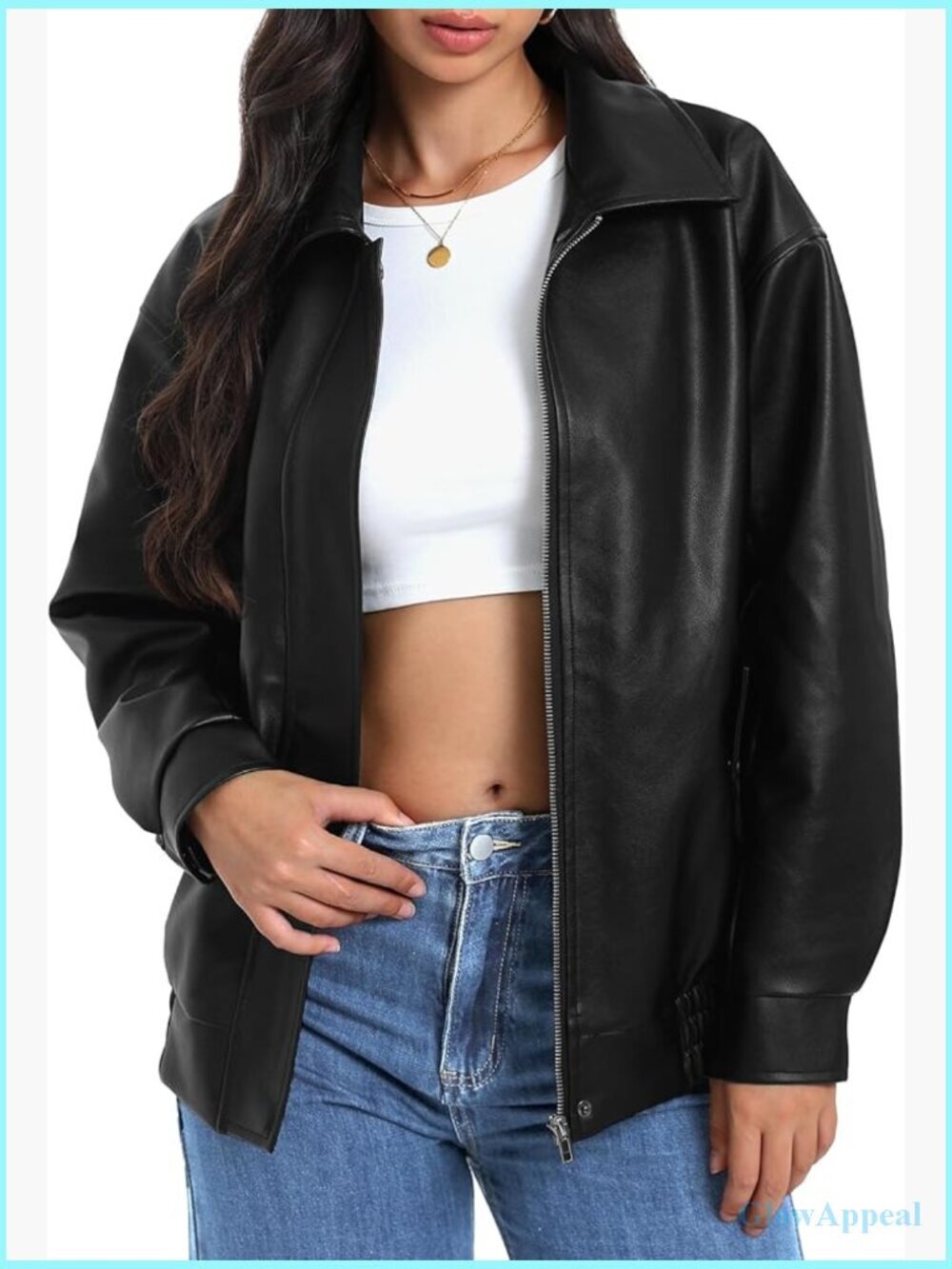 Oversized Faux Leather Bomber Jacket with Zipper, Casual Travel Outfit